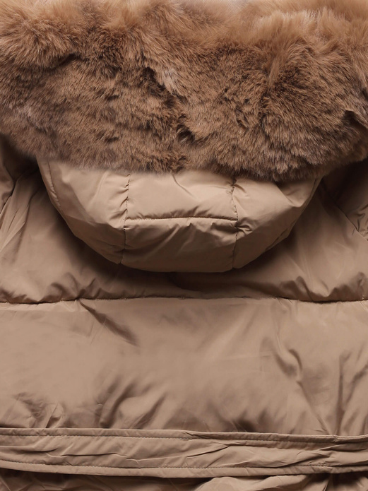 Ciemnobeżowa fenomenalna kurtka damska z paskiem + futro