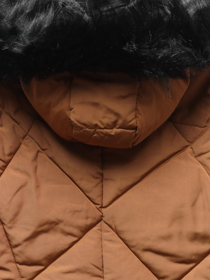 Karmelowa zimowa pikowana kurtka futro ze srebrną wstawką