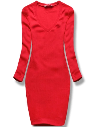 Czerwona, klasyczna wyszczuplająca, prążkowana sukienka, basic elegance z rękawem 3/4