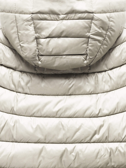 Ecru zimowa kurtka pikowana z kapturem z długimi ściągaczami zapinana na suwak