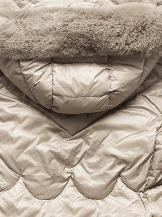 Beżowy zimowy damski fantastyczny płaszcz z kapturem