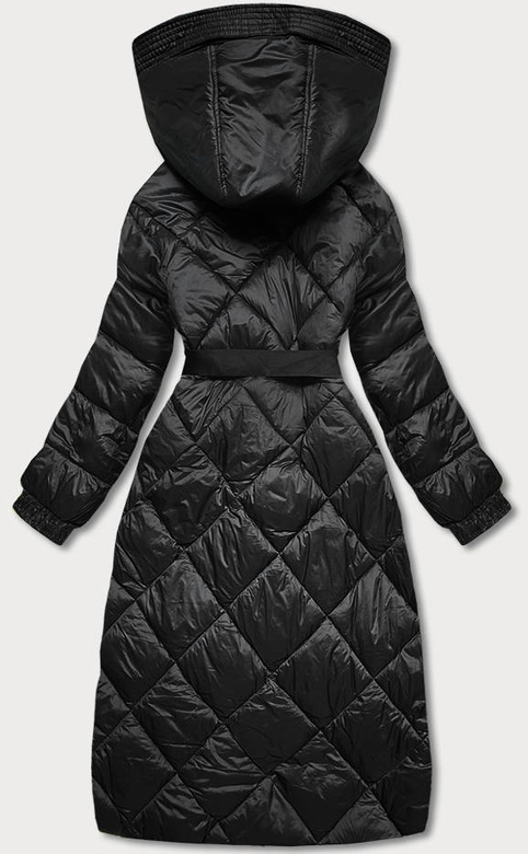Czarna długa pikowana puchowa kurtka płaszczyk z kapturem