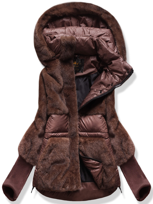 Brązowa genialna zimowa damska kurtka futerko