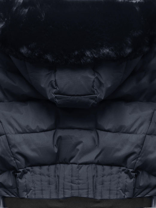 Granatowa puchowa pikowana kurtka z kapturem i paskiem