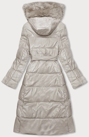 Ecru długi wiązany pikowany płaszcz z futerkiem  z ekoskóry