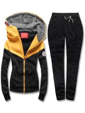 Żółto czarny kolorowy dres damski z kapturem komplet bluza na suwak + spodnie