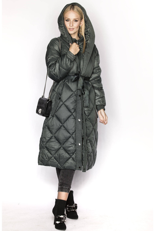 Zielona długa pikowana puchowa kurtka płaszczyk z kapturem
