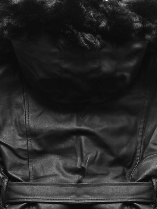 Czarny damski zimowy skórzany płaszcz