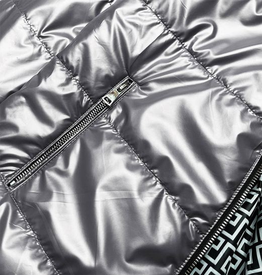 Szara dwustronna przejściowa kurtka damska z kapturem geometryczne wzory