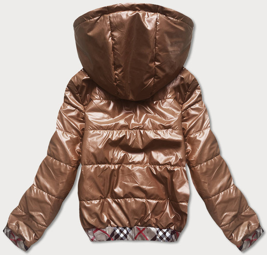 Karmelowa kurtka zapinana na suwak wykończenie modna kratka