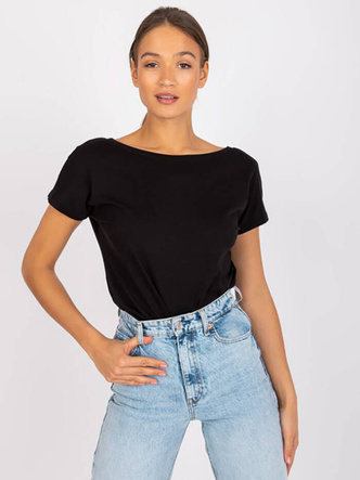 Czarna gładka bluzka, top basic, t-shirt z dekoltem V z tyłu