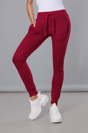 Bordowe damskie dresowe spodnie casualowe z kieszeniami i ściągaczem