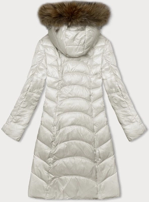 Ecru długa kurtka pikowana płaszcz z kapturem