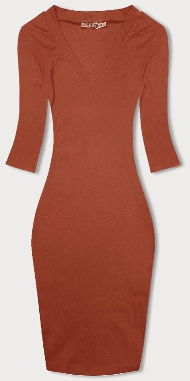 Pomarańczowa, klasyczna wyszczuplająca, prążkowana sukienka, basic elegance z rękawem 3/4