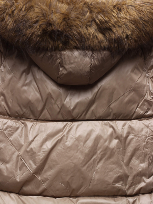 Beżowa damska kurtka bombka z kapturem i futerkiem