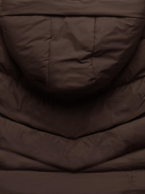 Brązowa zimowa kurtka z kapturem i kołnierzem płaszcz pikowany na suwak