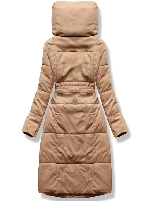 Beżowy zimowy długi płaszczyk z genialnym kołnierzem