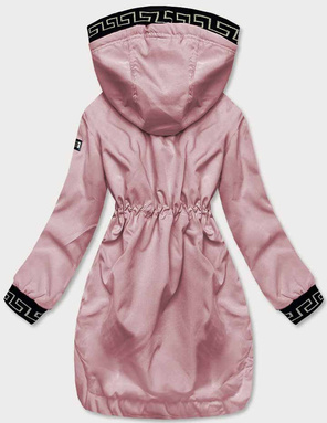 Pudrowa kurtka płaszcz z ozdobnymi lampasami we wzory z kapturem