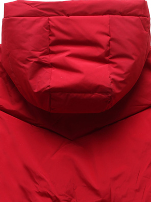 Czerwony długi płaszczyk kurtka zimowa - na ciepłym misiu z kapturem