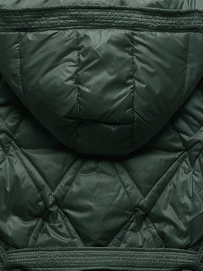 Zielony długi pikowany przejściowy płaszcz z kapturem