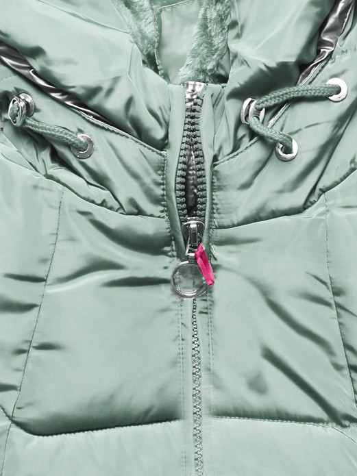 Miętowa długa pikowana zimowa kurtka płaszczyk z kapturem srebrna wstawka