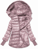 Srebrna zimowa kurtka pikowana z kapturem z długimi ściągaczami zapinana na suwak