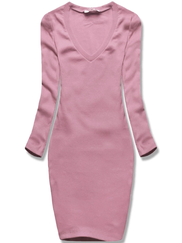 Brudnoróżowa, klasyczna wyszczuplająca, prążkowana sukienka, basic elegance z rękawem 3/4