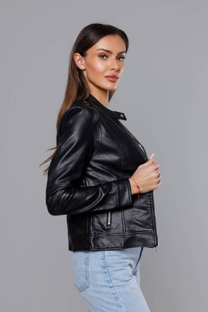 Czarna kurtka ekoskóra ze stójką ramoneska gładka zapinana na suwak