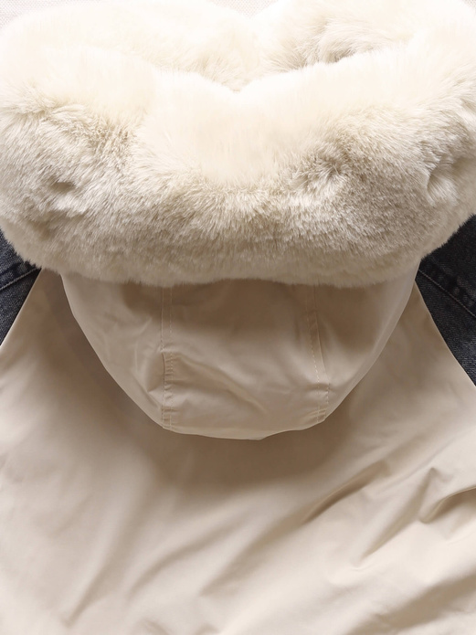 Beżowo granatowa damska zimowa kurtka parka z łączonymi materiałami