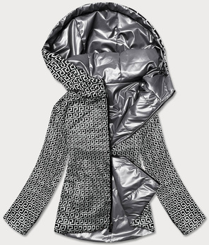 Szara dwustronna przejściowa kurtka damska z kapturem geometryczne wzory