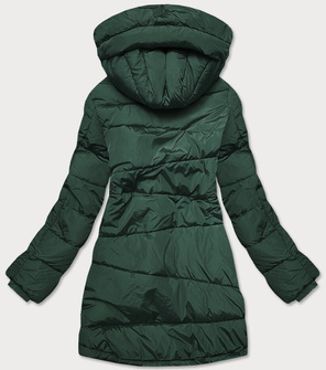 Zielona asymetryczna długa pikowana zimowa kurtka płaszczyk z kołnierzem