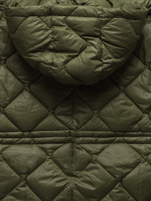 Khaki oversizowa zimowa damska pikowana w karo kurtka z kapturem