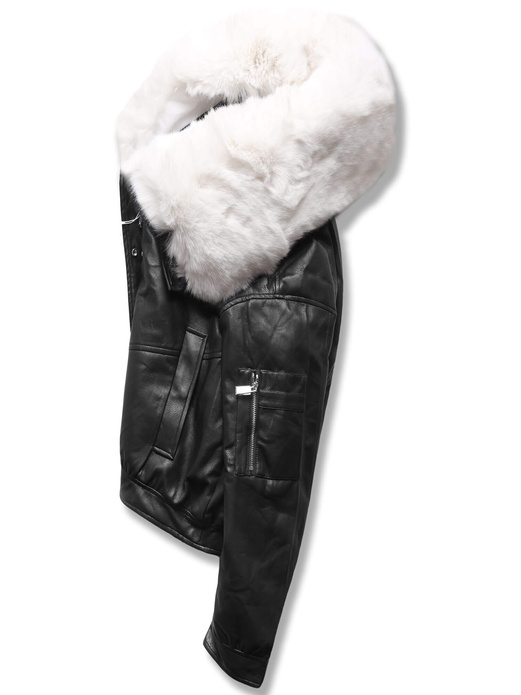 Czarna skórzana damska krótka kurtka na białym futerku
