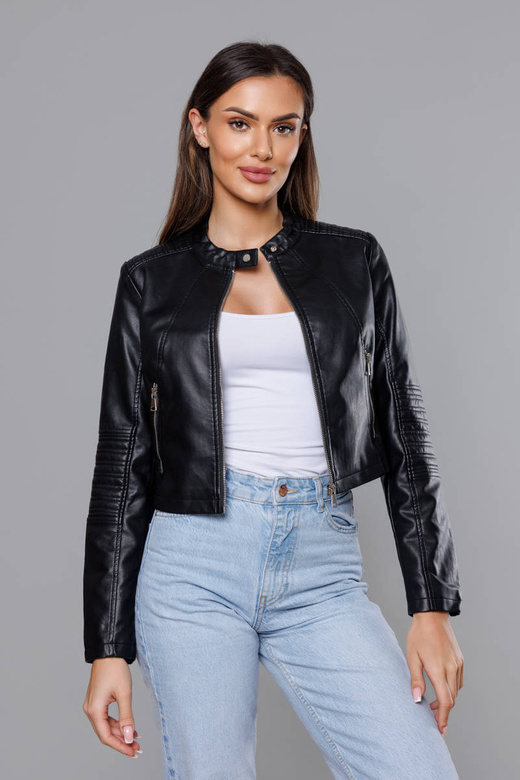 Czarna kurtka ekoskóra ramoneska ze stójką zapinana na suwak