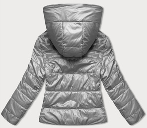 Srebrna błyszcząca przejściowa pikowana kurtka z kapturem zapinana na suwak