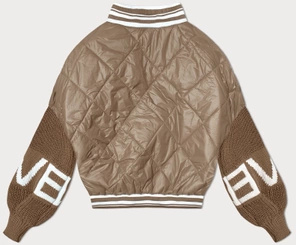 Karmelowa kurtka damska bomberka ze swetrowymi rękawami fashion