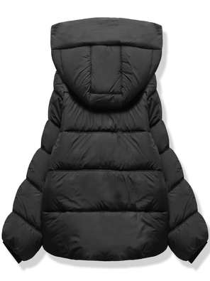 Czarna trapezowa pikowana zimowa damska kurtka z kapturem