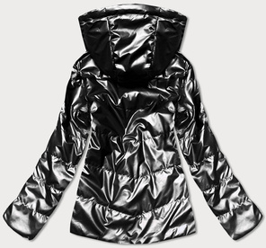 Czarna dwustronna przejściowa kurtka damska z kapturem geometryczne wzory