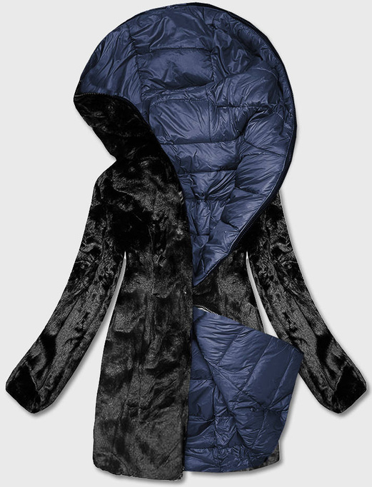 Granatowa długa fantastyczna dwustronna zimowa pikowana kurtka futerko
