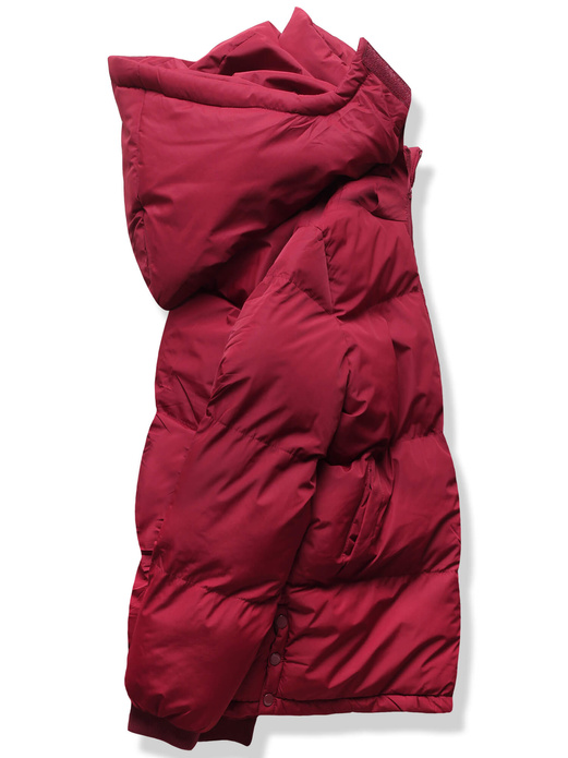 Bordowa zimowa krótka pikowana kurtka z kapturem