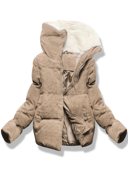 Beżowa sztruksowa krótka pikowana zimowa kurtka z kołnierzem na futerku zapinana na suwak