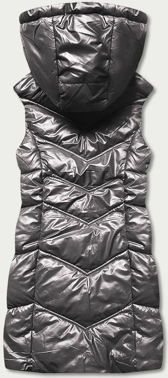 Srebrny stylowy błyszczący pikowany bezrękawnik damski z kapturem
