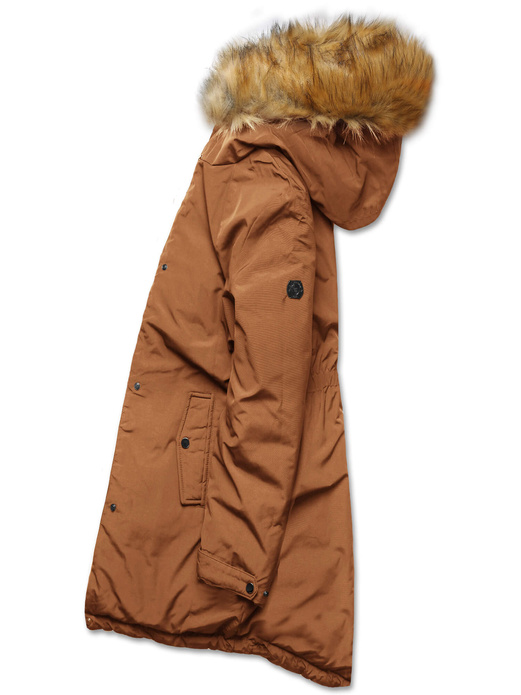 Karmel granat długa dwustronna ciepła kurtka parka z kapturem z odpinanym futerkiem