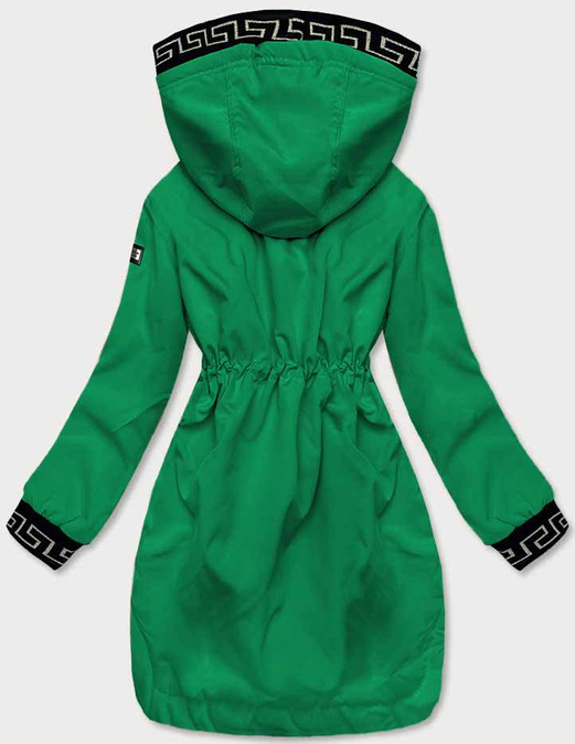 Zielona kurtka płaszcz z ozdobnymi lampasami we wzory z kapturem
