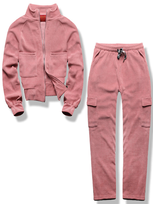 Pudrowy prążkowany dres komplet ze stójką