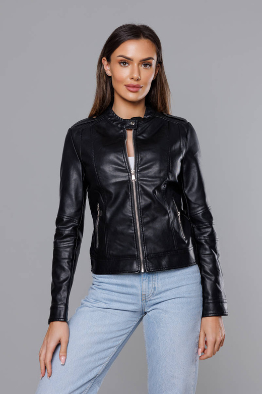 Czarna kurtka ekoskóra ze stójką ramoneska gładka zapinana na suwak