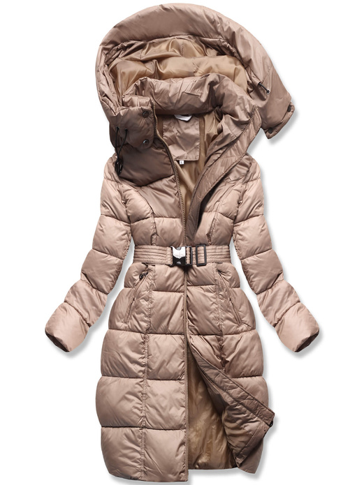 Brązowa zimowa damska kurtka pikowana z paskiem