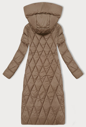 Beżowa długa pikowana w karo ciepła zimowa kurtka damska z kapturem