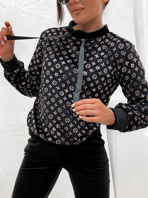 Czarny damski welurowy gładki dres komplet z tasiemką