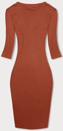 Pomarańczowa, klasyczna wyszczuplająca, prążkowana sukienka, basic elegance z rękawem 3/4